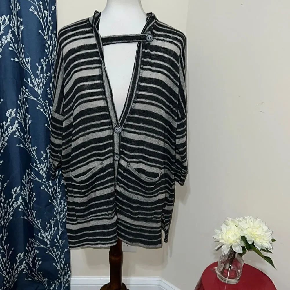 Beyond Yoga Striped Button Front Hooded Cardigan Pockets Oversized sz S Small